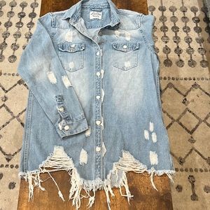 Distressed denim shacket